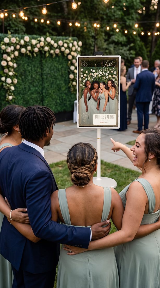 The kiosk on its stand, a guest's framed photo on screen